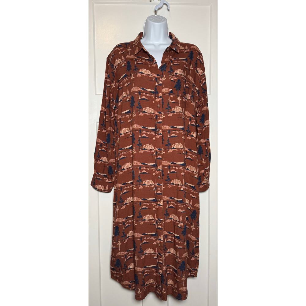 Bridge & Burn Mountain & Nature Print Knee Length Long Sleeve Shirt Dress LARGE
